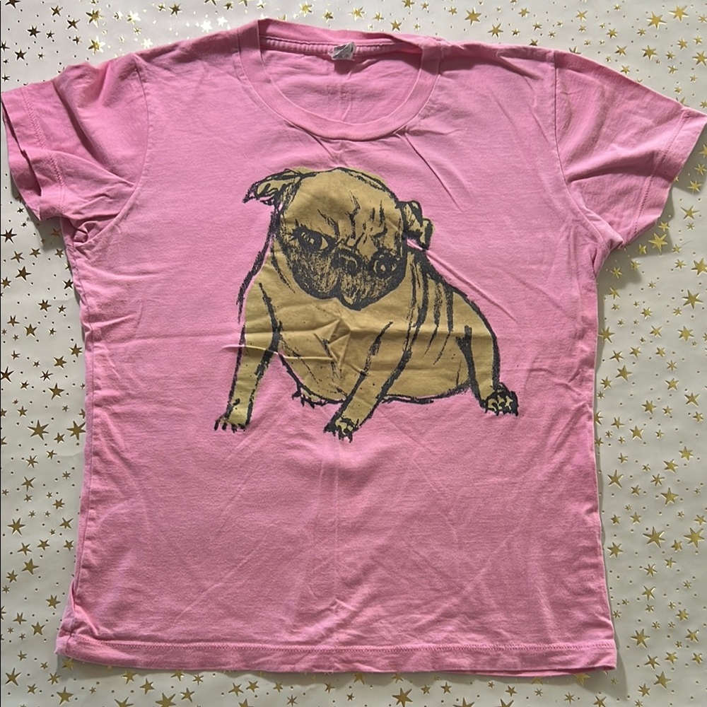 Pink Short Sleeve Tee with Pug Graphic Design